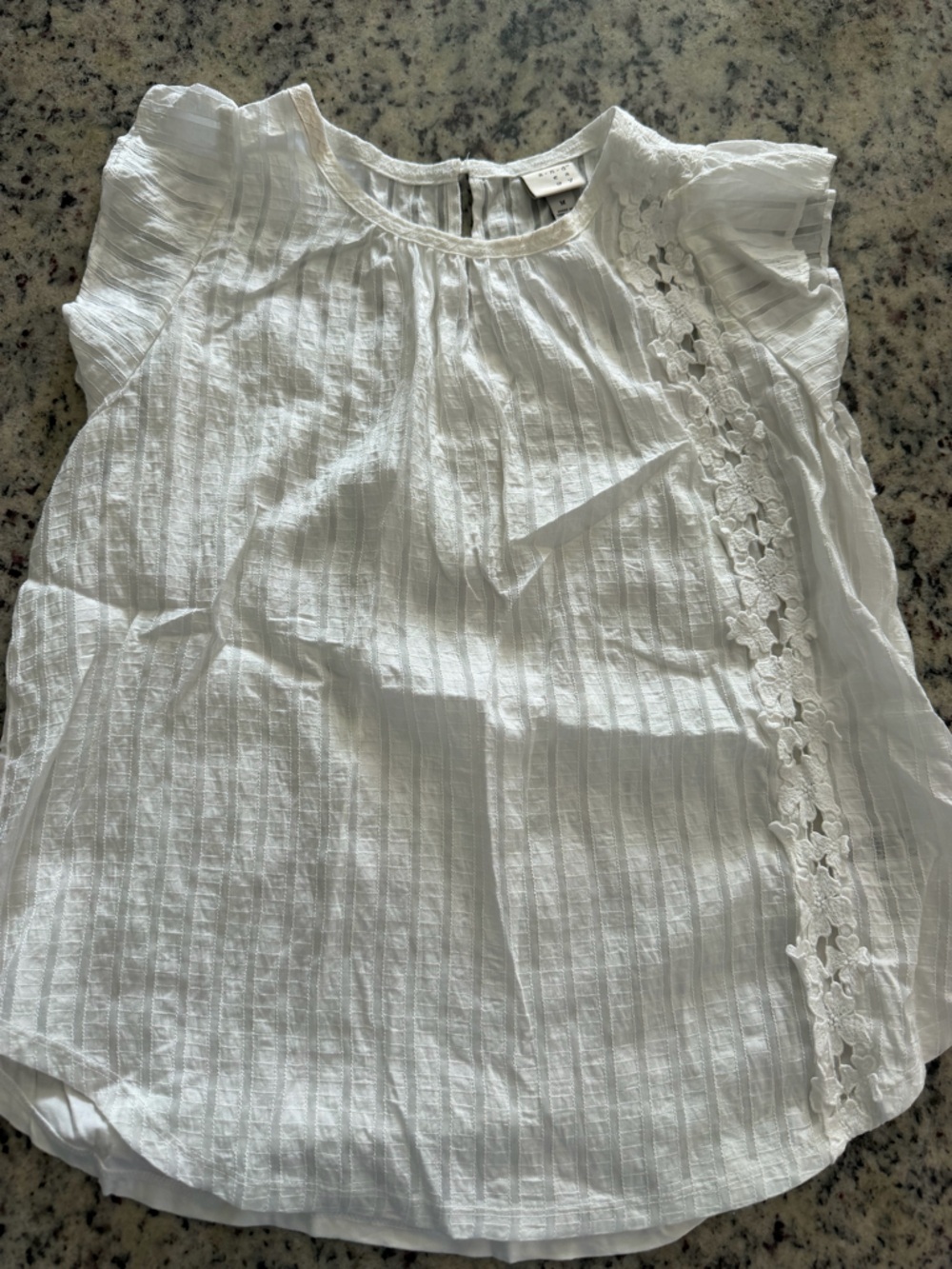 a new day White Vertical-Stripe Crochet Neck Blouse